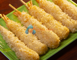 Tôm thẻ chân trắng tẩm bột, xiên que