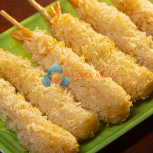 Tôm thẻ chân trắng tẩm bột, xiên que